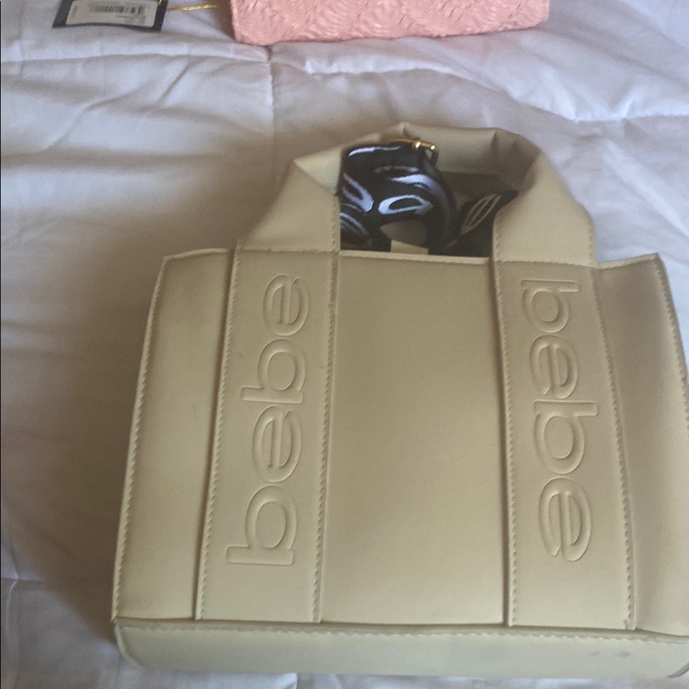 Bebe Cream Embossed Tote Bag with Structured Design